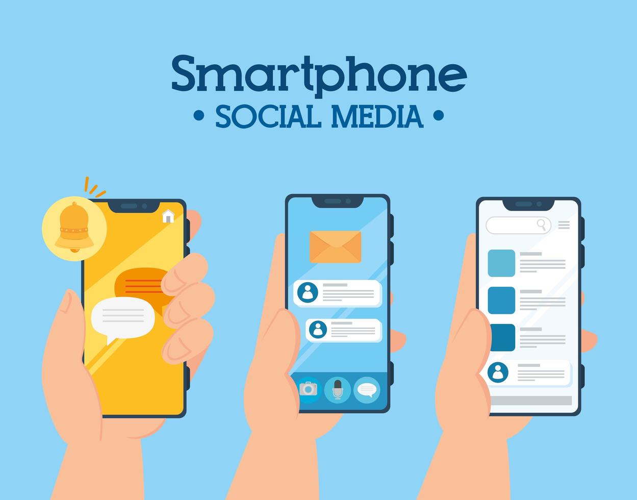 social media concept, hands holding smartphones with notifications vector