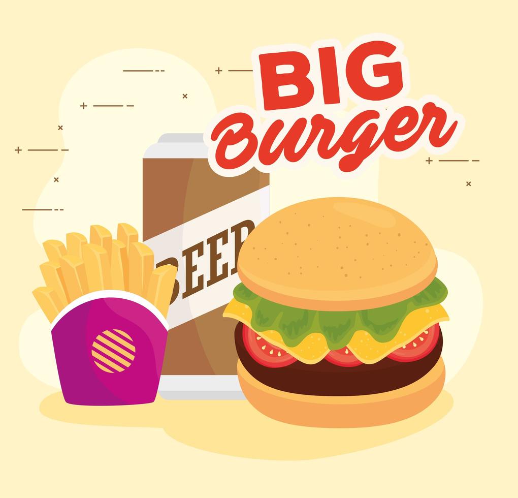 fast food poster with burger, beer and french fries vector