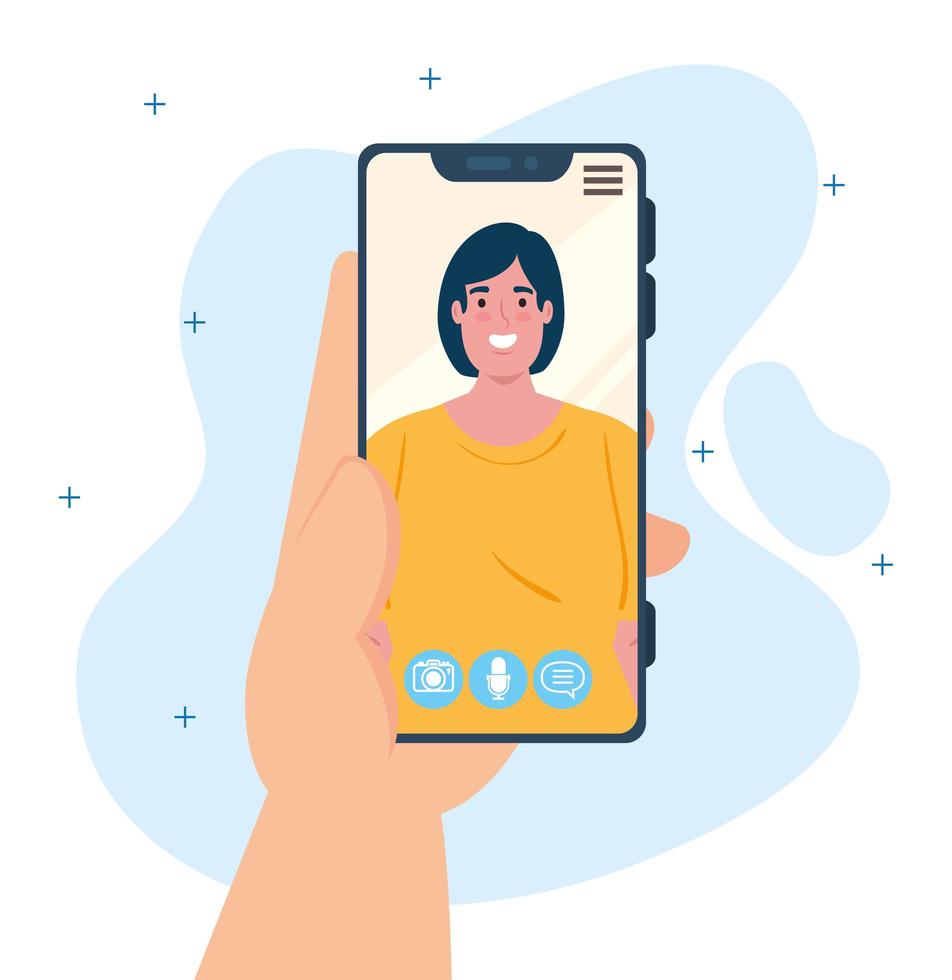 Hand holding smartphone on a video call on the screen, social media concept vector