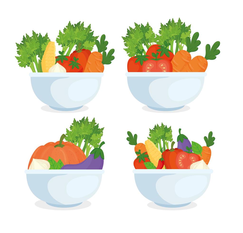 healthy food concept, fresh vegetables in bowls vector