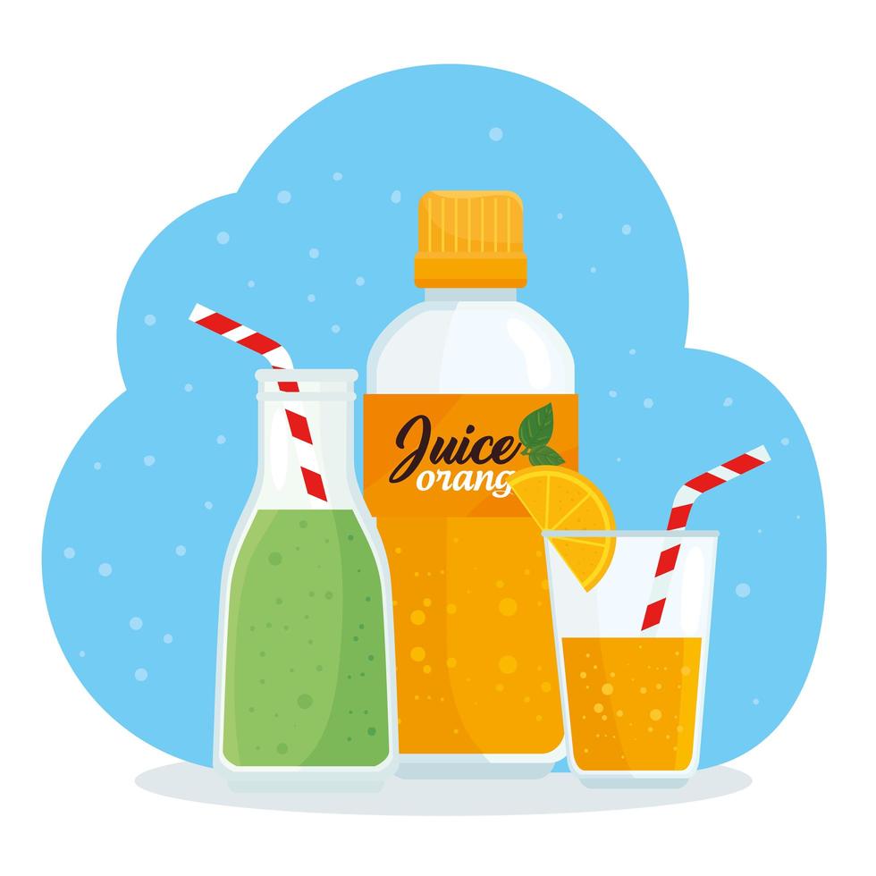 juices in bottles and in a glass vector