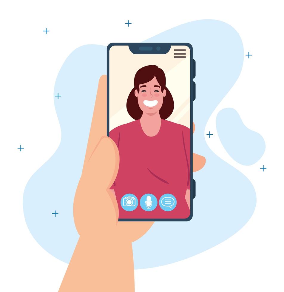 Hand holding smartphone on a video call on the screen, social media concept vector