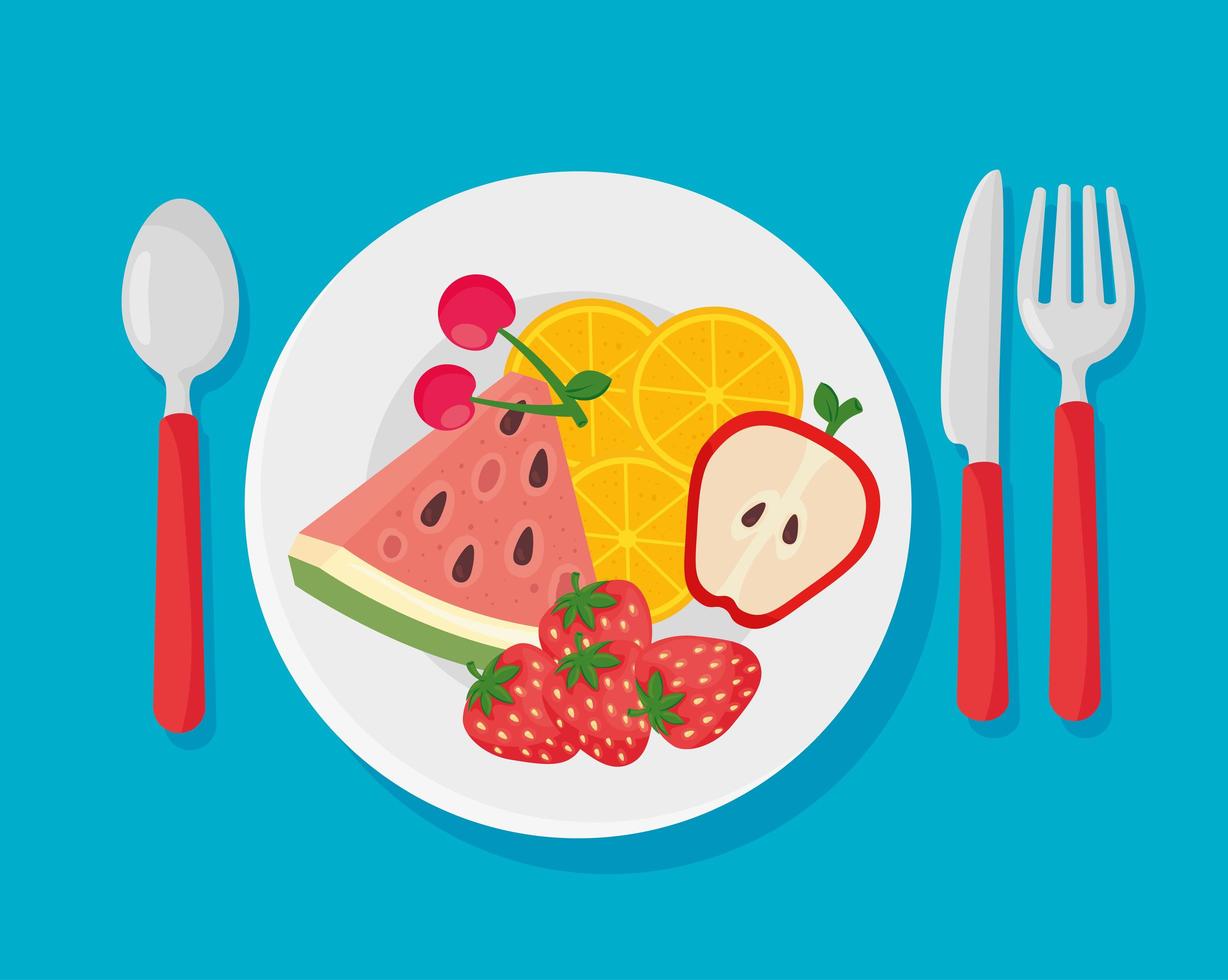Plate with fresh and healthy fruits vector
