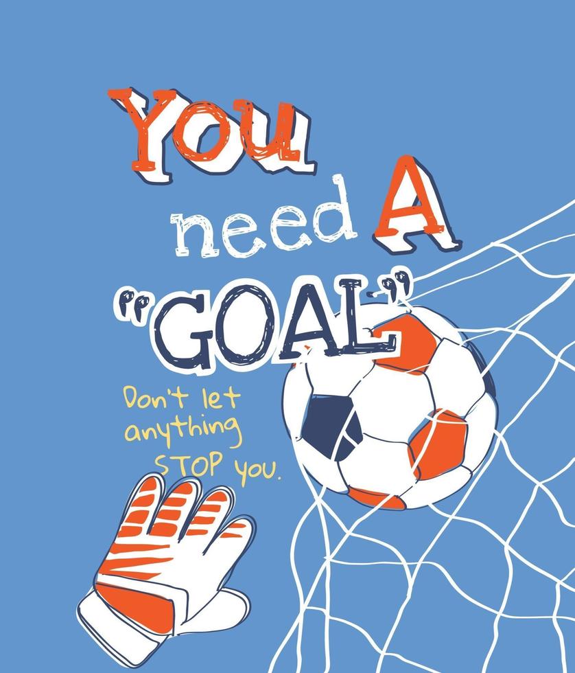 goal slogan with cartoon soccer ball in goal illustration vector