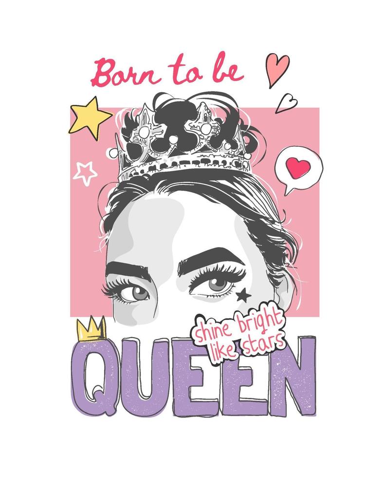 queen slogan with girl in a crown and colorful icons illustration vector