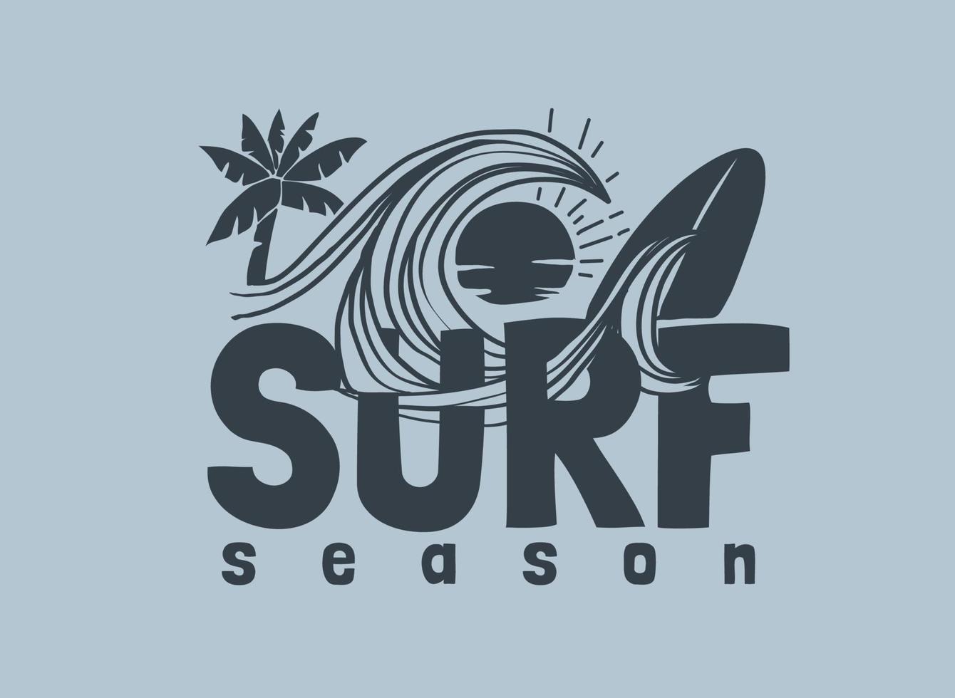 Lema de la temporada de surf con palmera gráfica y tabla de surf en la ilustración de la ola vector