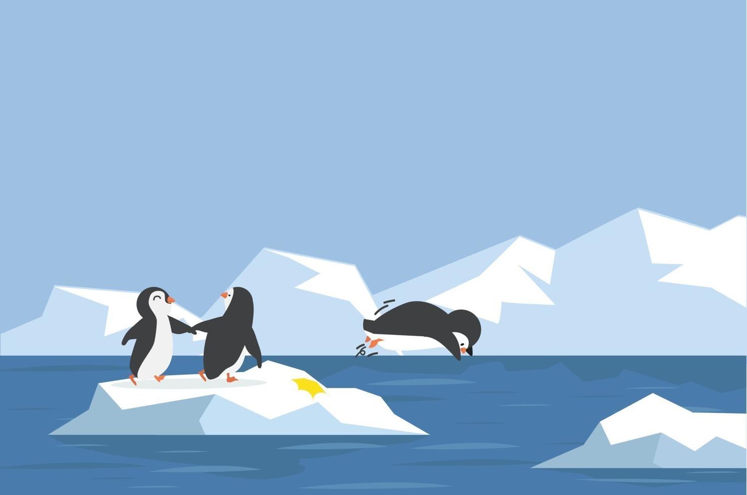 pingüino del polo norte sobre hielo saltando con montaña de hielo vector