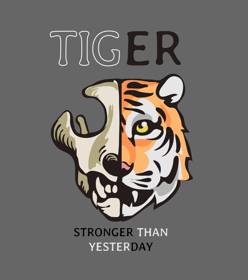 Lema de tigre con ilustración de medio cráneo de cara de tigre sobre fondo gris vector