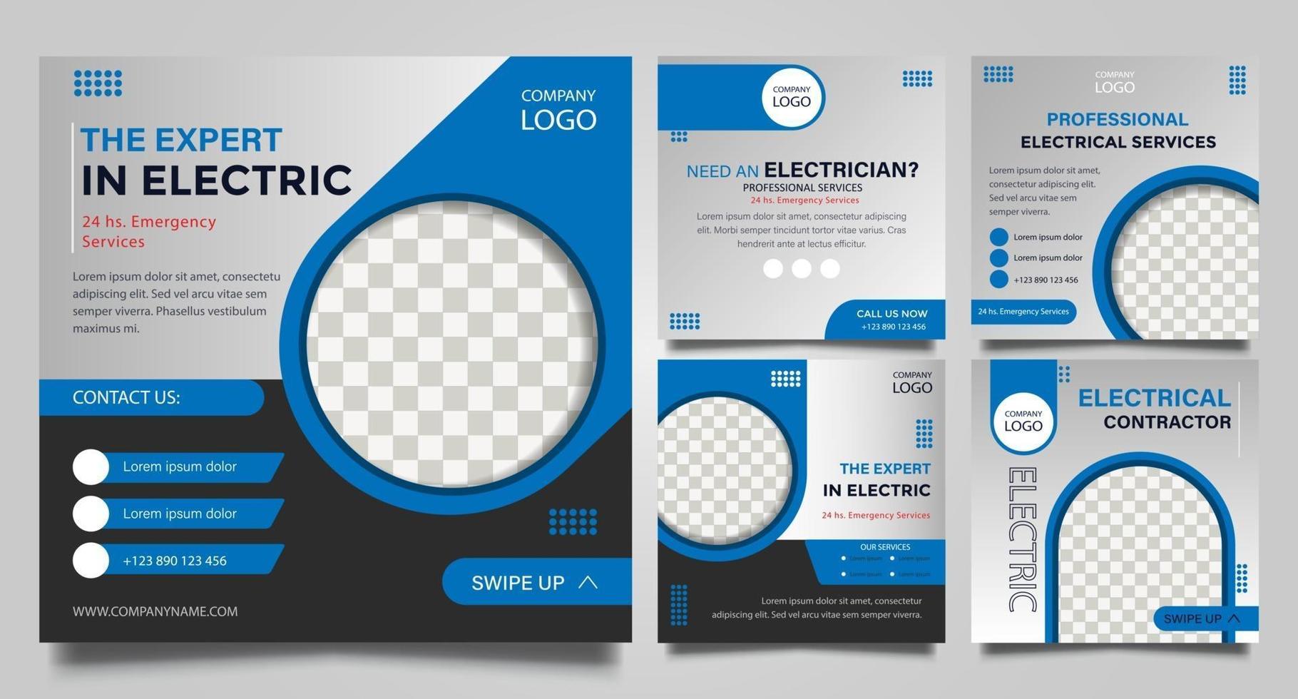 Electrical service social media post templates set vector