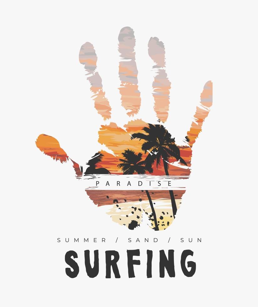 lema de surf con ilustración de playa puesta de sol de palma de mano vector