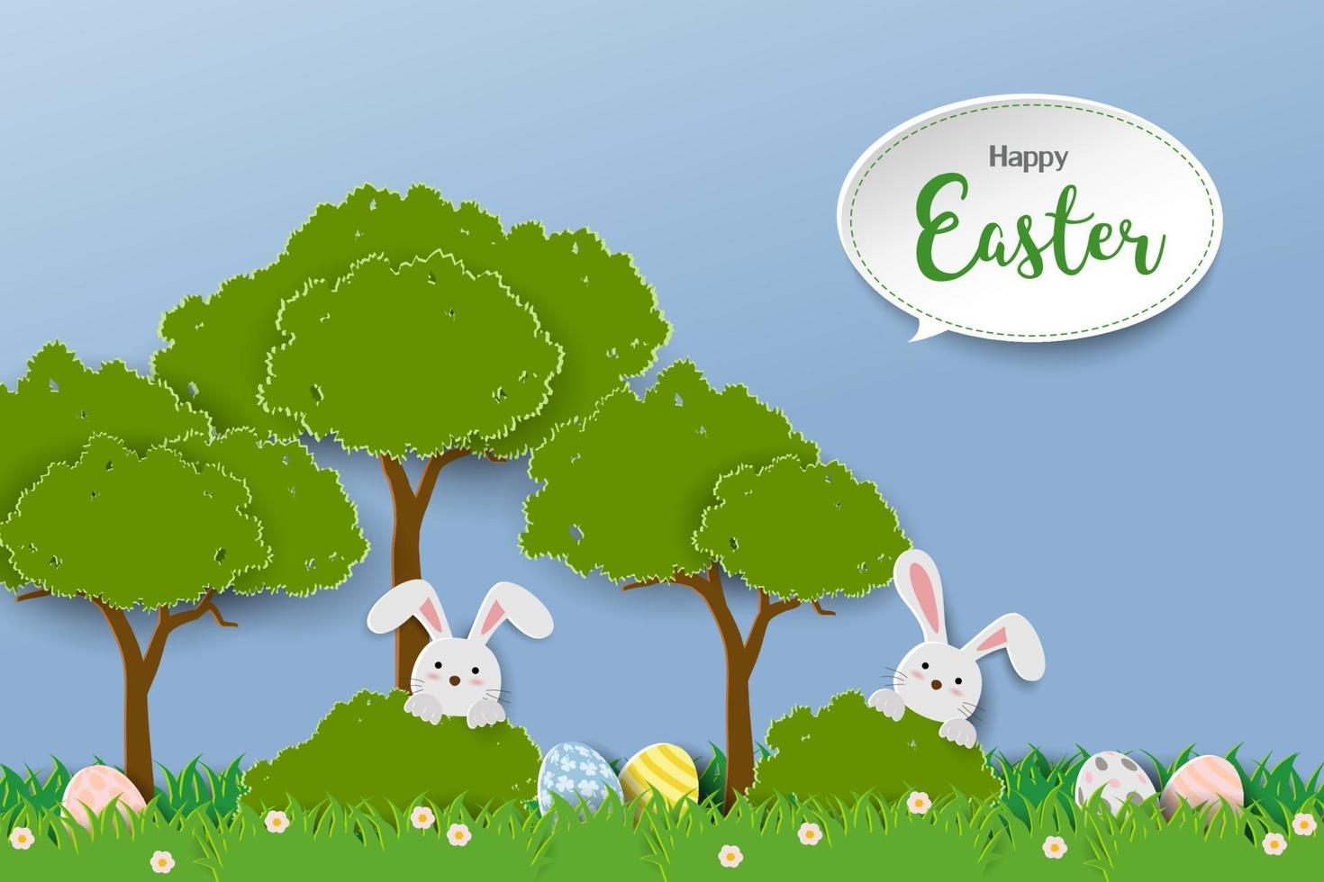 Tarjeta de felicitación de Pascua feliz con conejos escondidos en la hierba en estilo de corte de papel vector