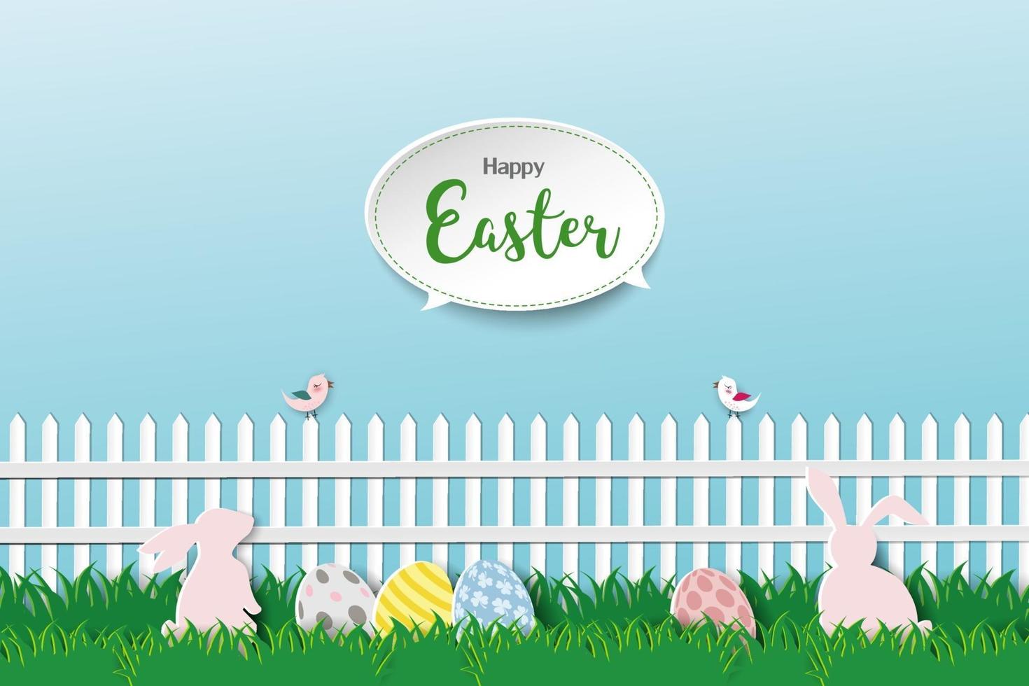 Happy Easter greeting card with cute rabbits in beautiful garden with eggs vector