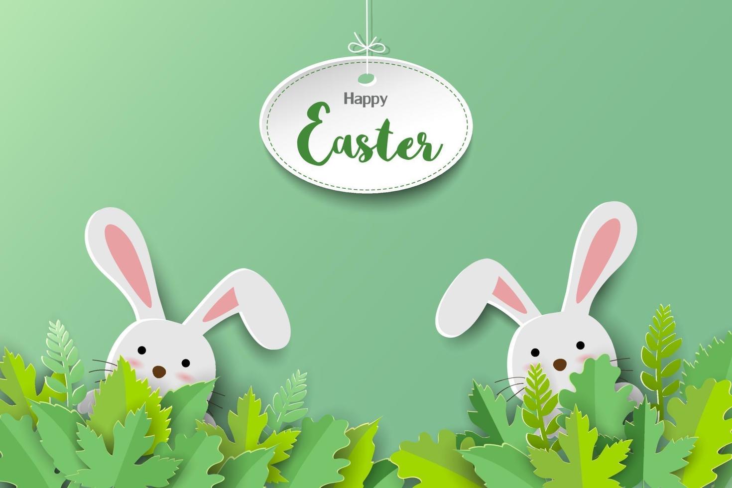 Paper art style  cute rabbits in leaves on green background for Easter vector