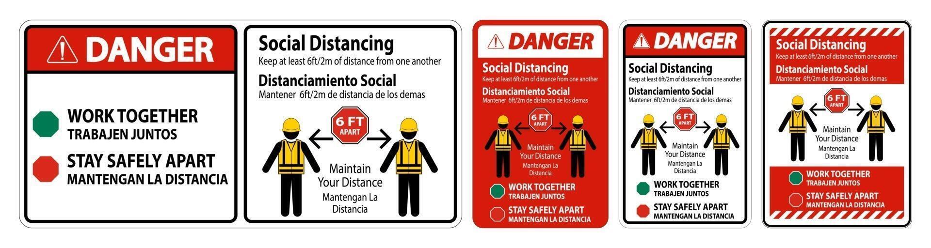 Danger Bilingual Social Distancing Construction Sign Isolate On White Background,Vector Illustration EPS.10 vector