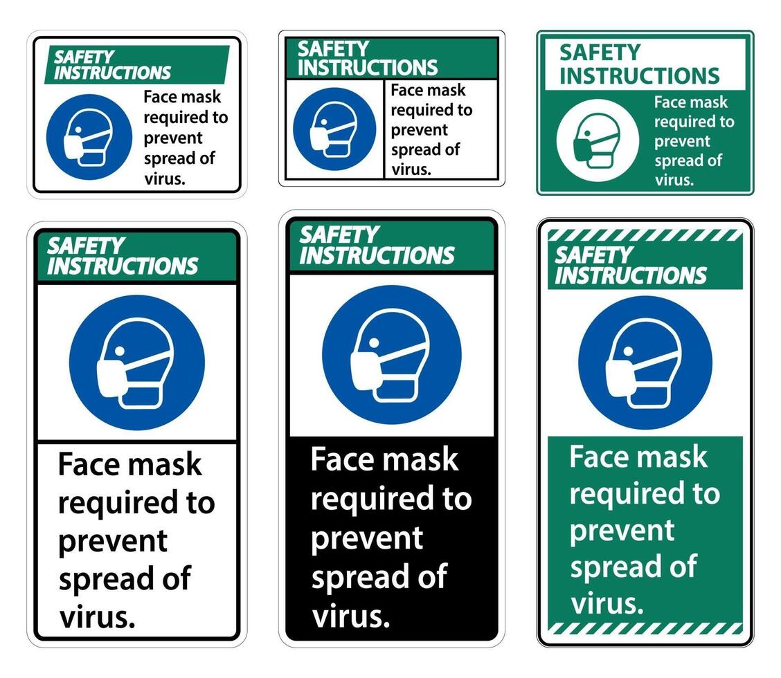 Safety Instructions  Face mask required to prevent spread of virus sign on white background vector