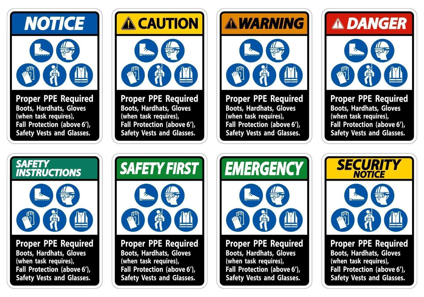 Proper PPE Required Boots, Hardhats, Gloves When Task Requires Fall Protection With PPE Symbols vector