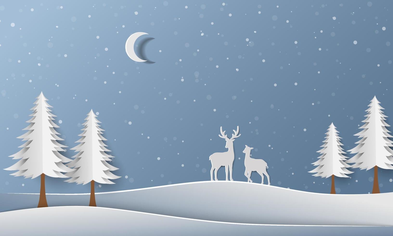 Winter forest with deer family on paper art background vector