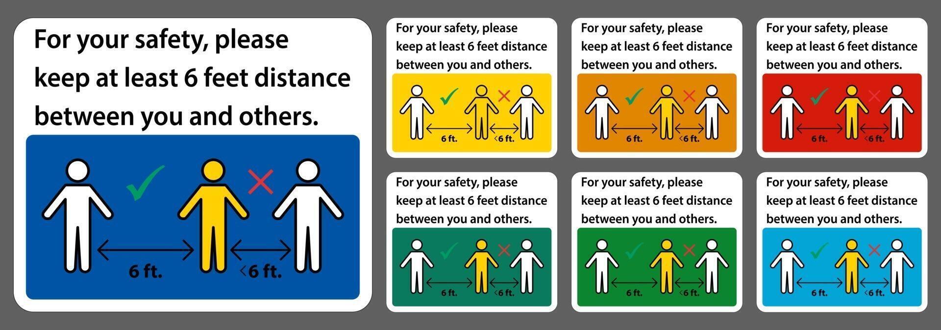 mantenga una distancia de 6 pies, para su seguridad, mantenga una distancia de al menos 6 pies entre usted y los demás. vector