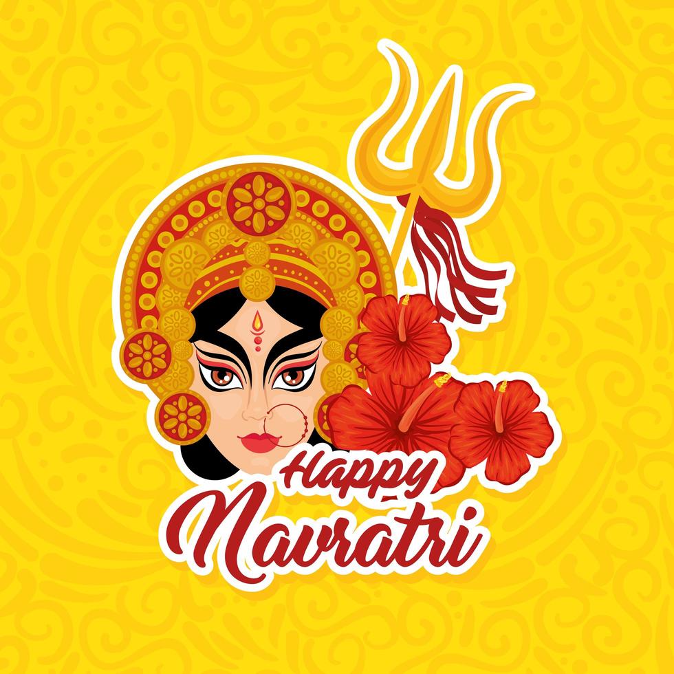 cartel de celebración hindú navratri con cara de durga y decoración de flores vector