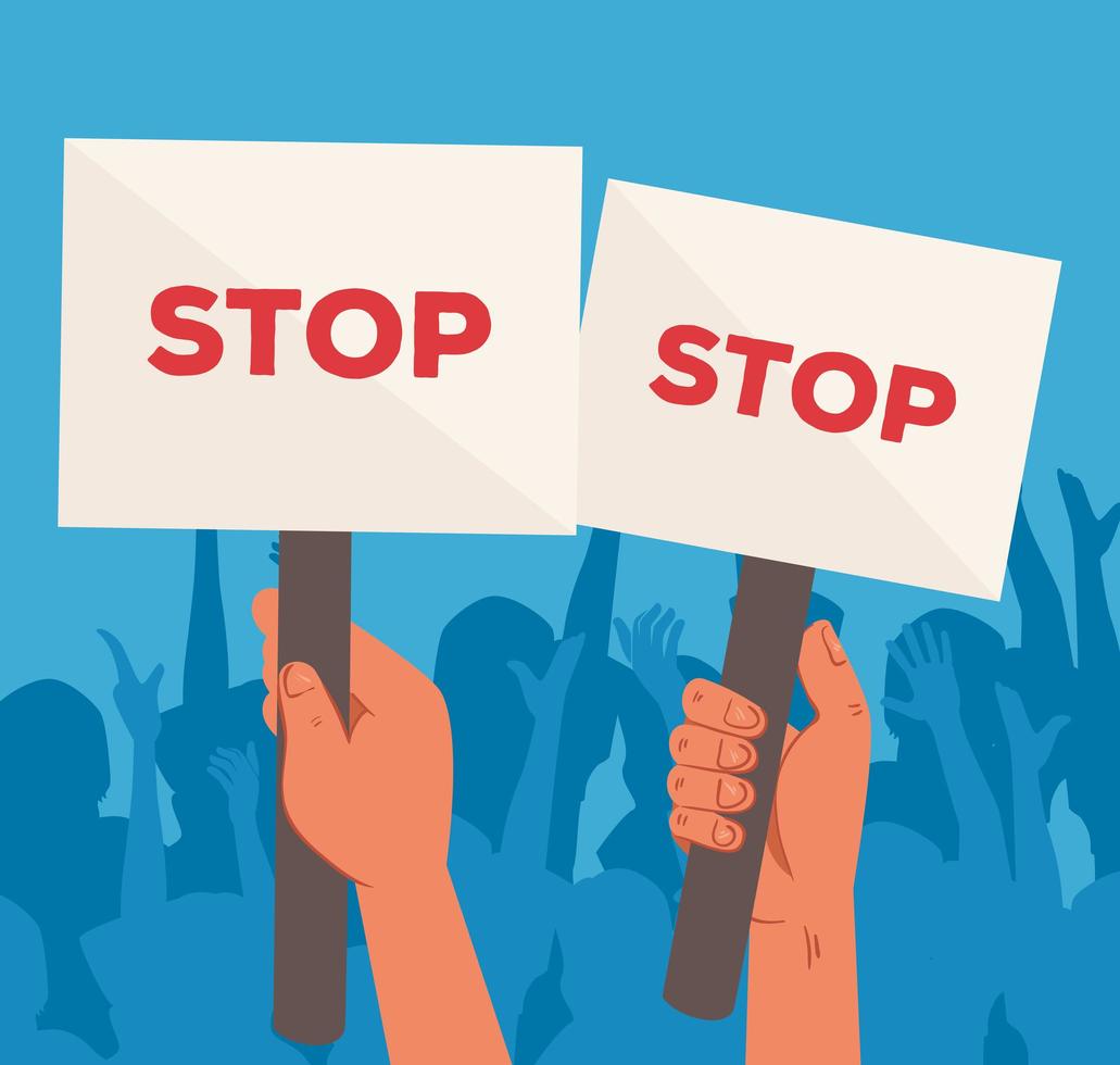 Raised hands holding protest signs vector