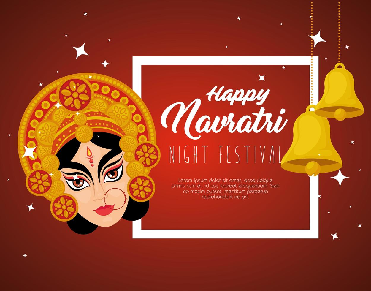 Navratri Hindu celebration poster with Durga face and bells hanging vector