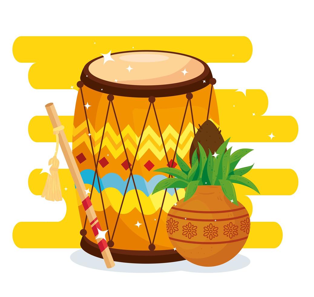 Navratri Hindu celebration poster with drum and decorations vector