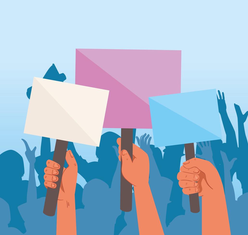 Raised hands holding blank protest signs vector