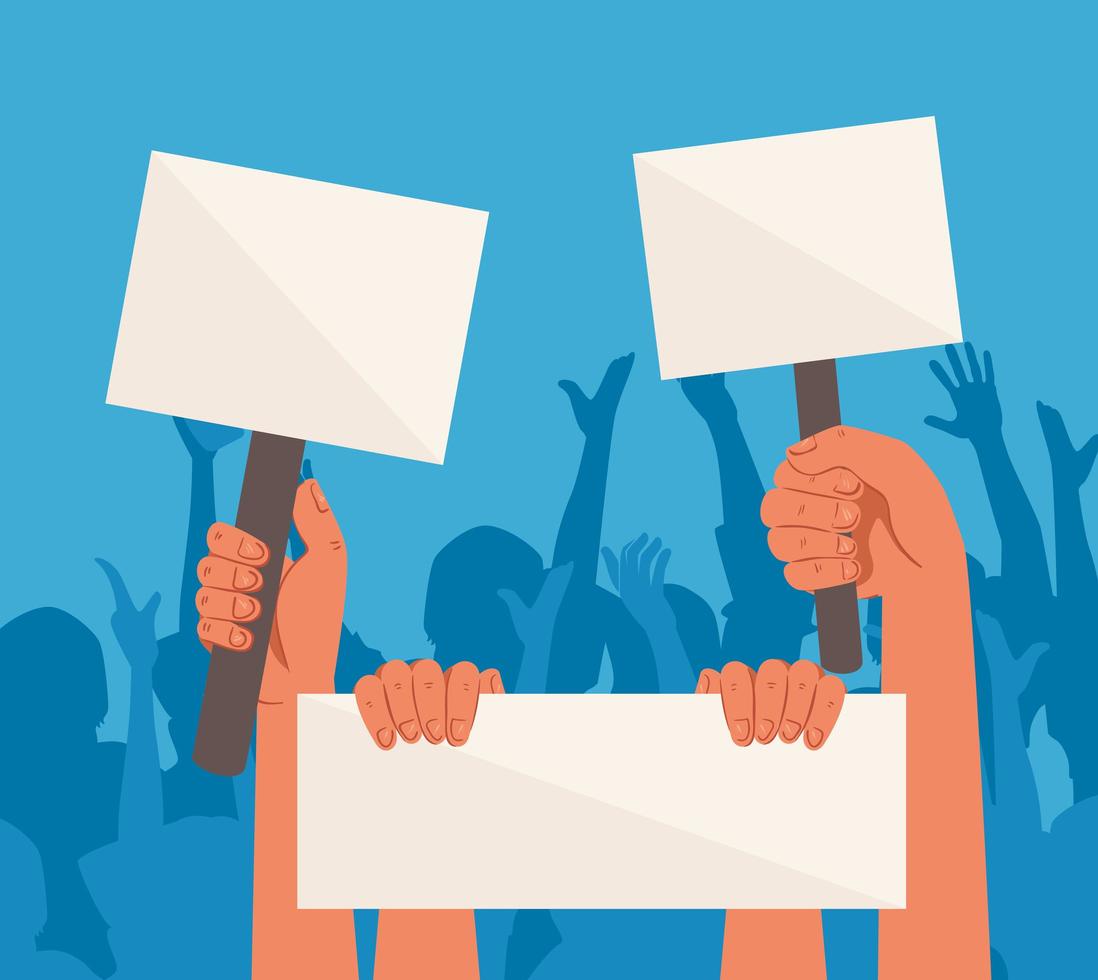 Raised hands holding blank protest signs vector