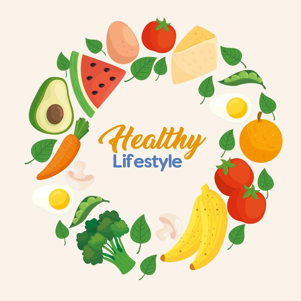 Banner de estilo de vida saludable con verduras, frutas y alimentos. vector