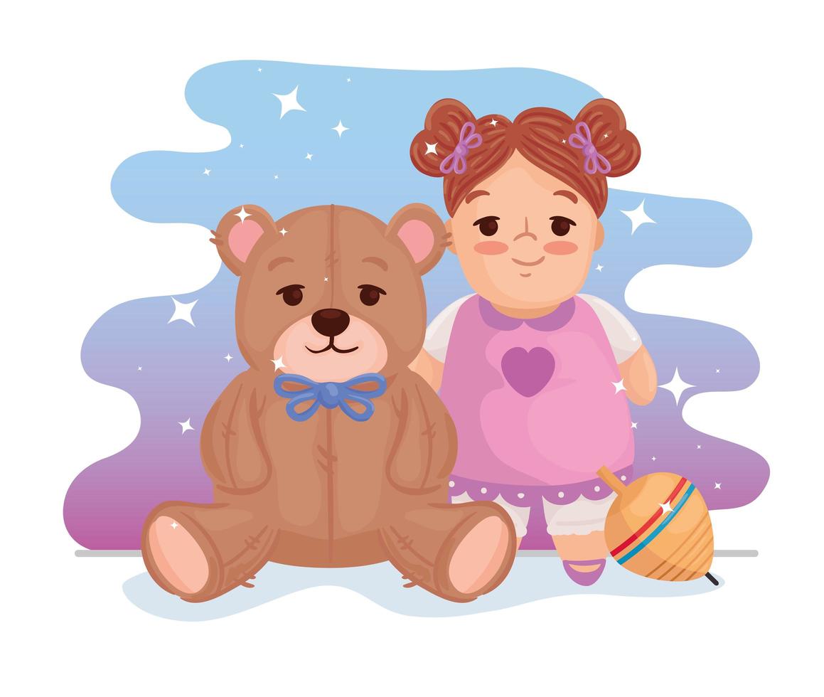 linda muñeca con osito de peluche y juguete giratorio vector