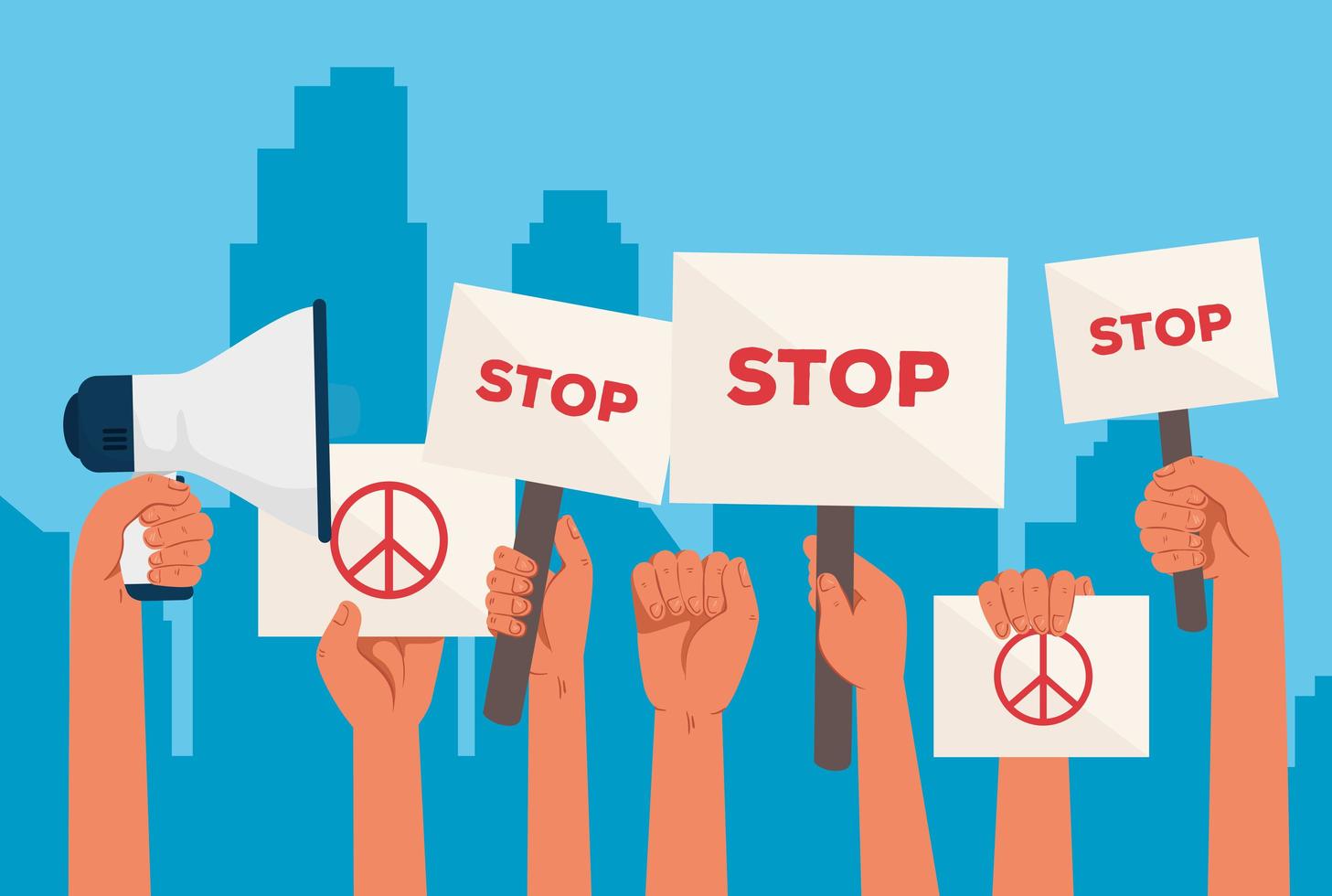 Raised hands holding protest signs vector