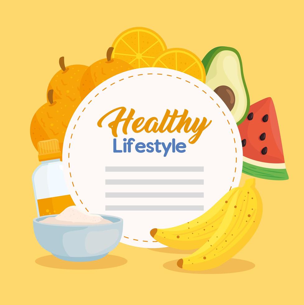 Healthy lifestyle banner with vegetables, fruits and food vector