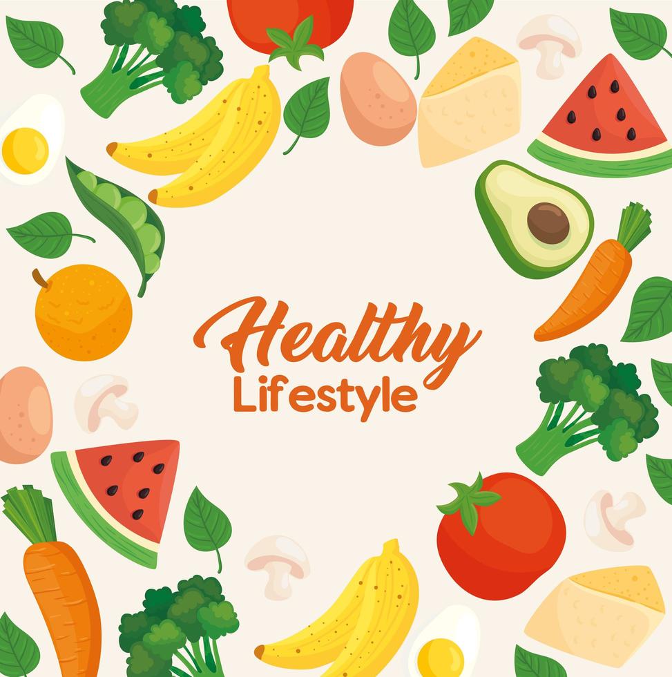 Healthy lifestyle banner with vegetables, fruits and food vector