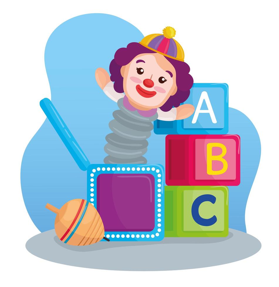 kids toys, alphabet cubes with clown in a box and spinning toy vector