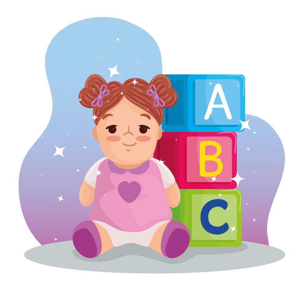 juguetes para niños, linda muñeca y cubos de letras con letras abc vector