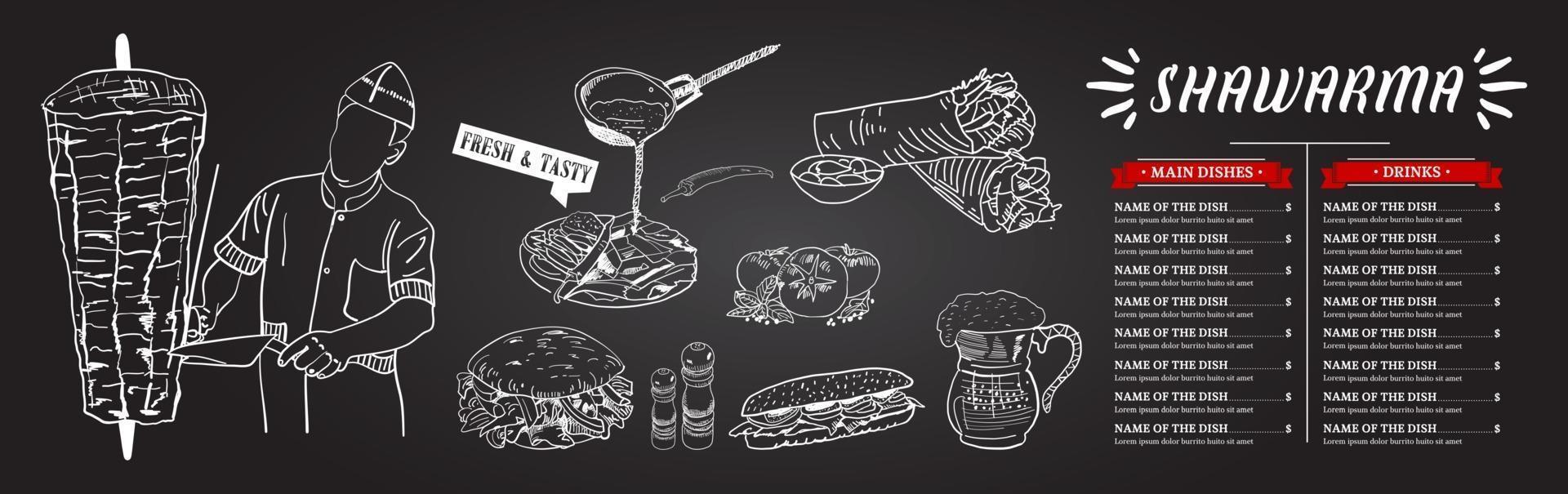 Shawarma cooking and ingredients for kebab. vector