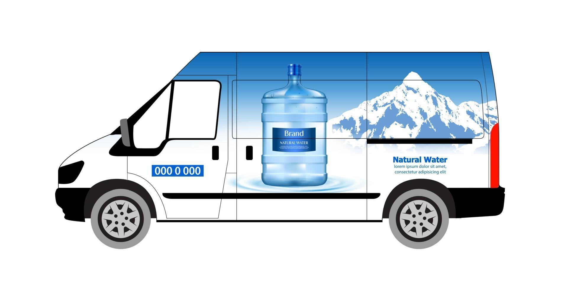 Water delivery service vector illustration. Delivery panelvan. Drinking water delivery service. Plastic bottle, blue container. Supply, shipping. Business service.