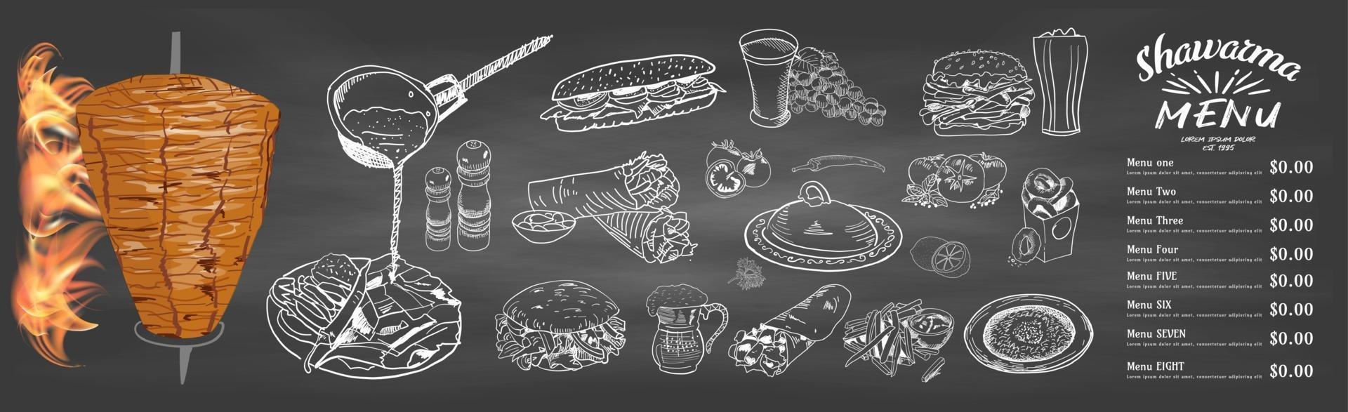 Shawarma cooking and ingredients for kebab. vector