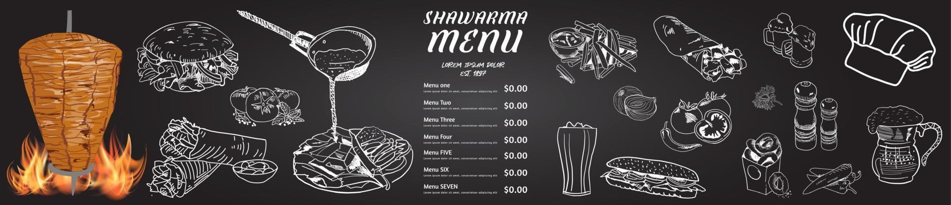 Shawarma cooking and ingredients for kebab. vector