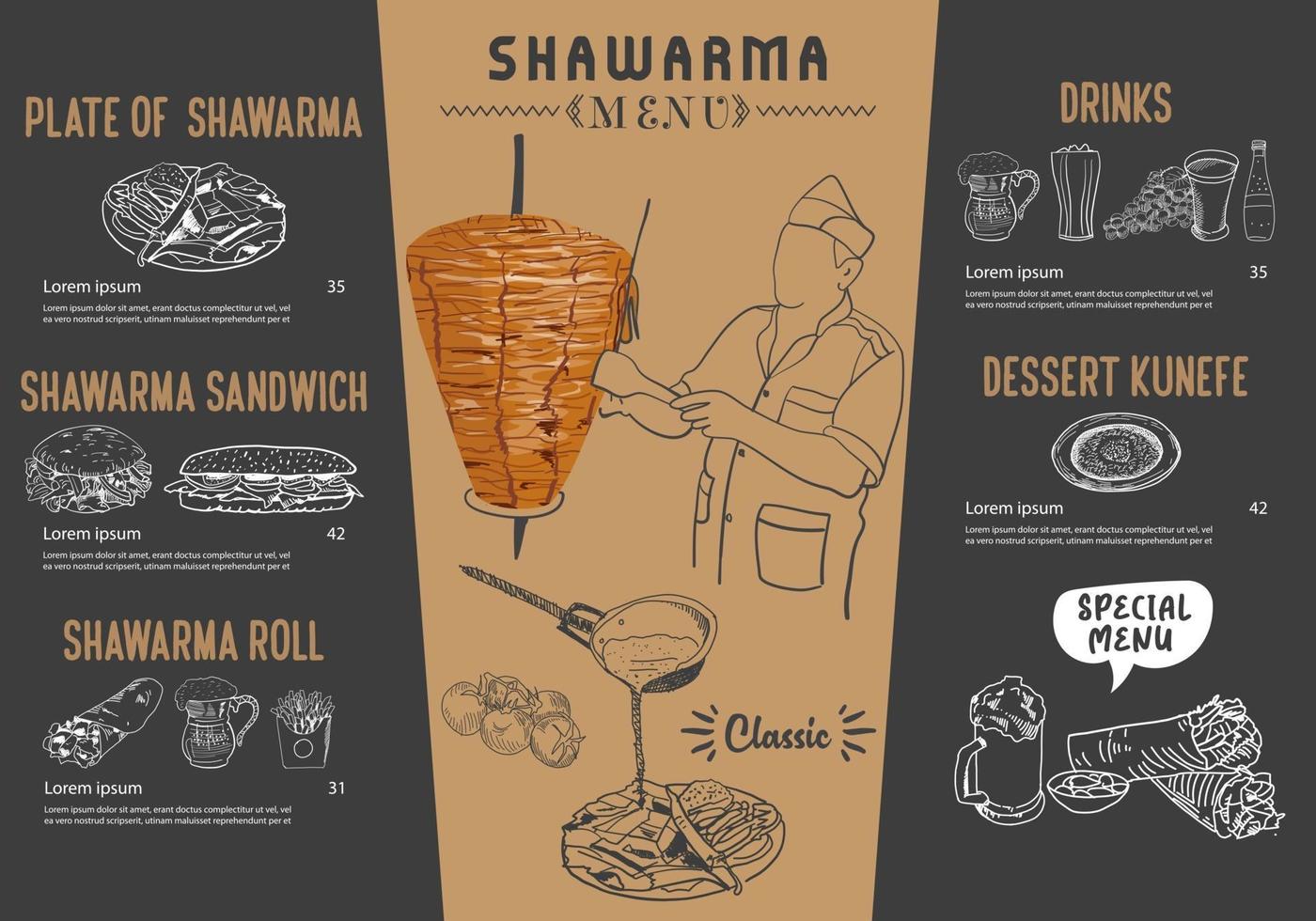 Shawarma cooking and ingredients for kebab. vector