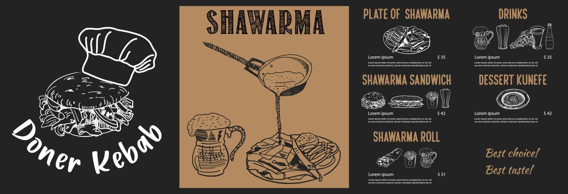 Shawarma cooking and ingredients for kebab. vector
