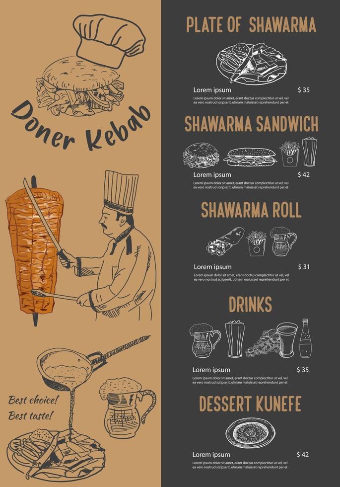 Shawarma cooking and ingredients for kebab. vector