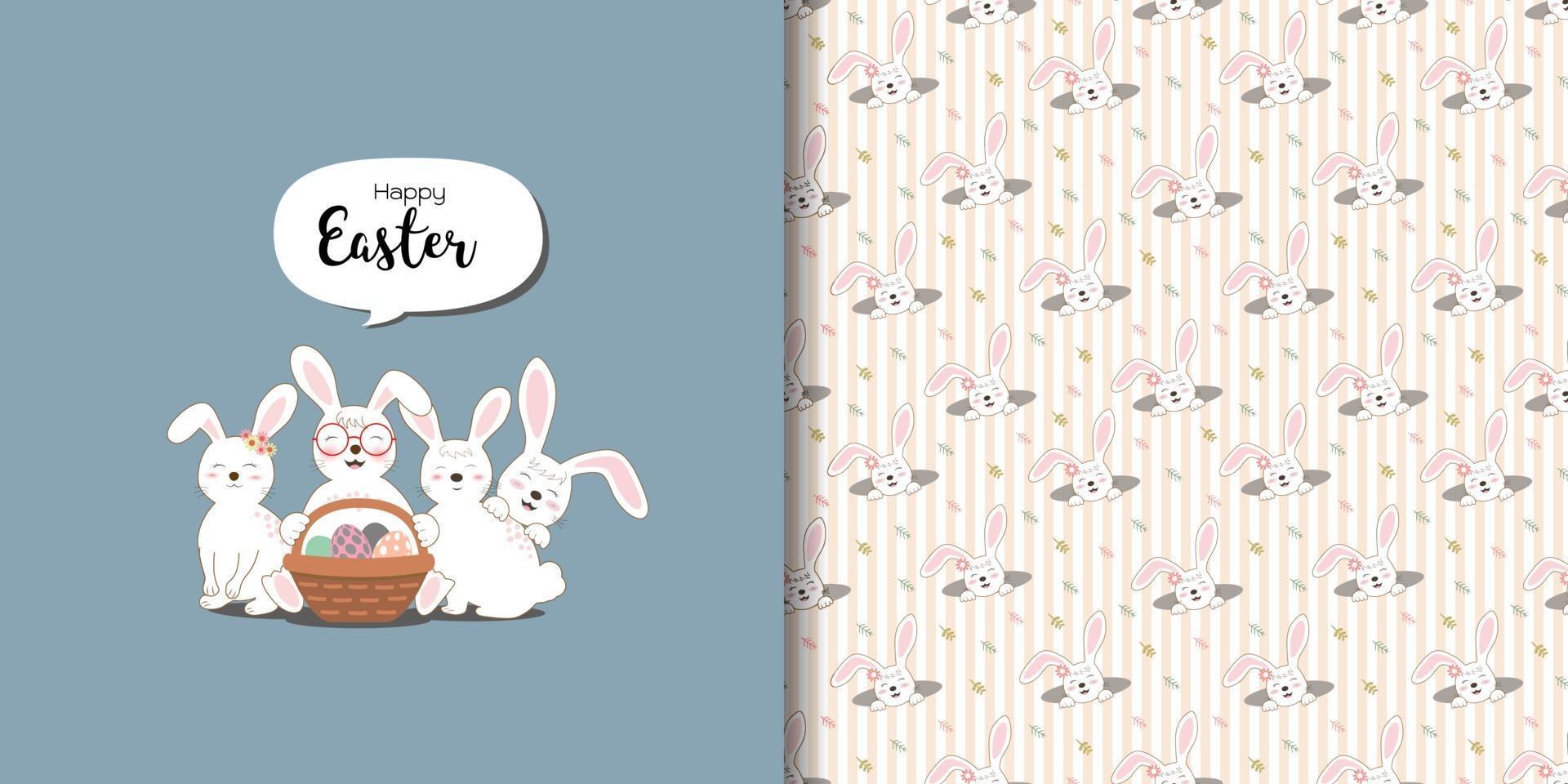 Cute rabbits greeting card and print seamless pattern vector