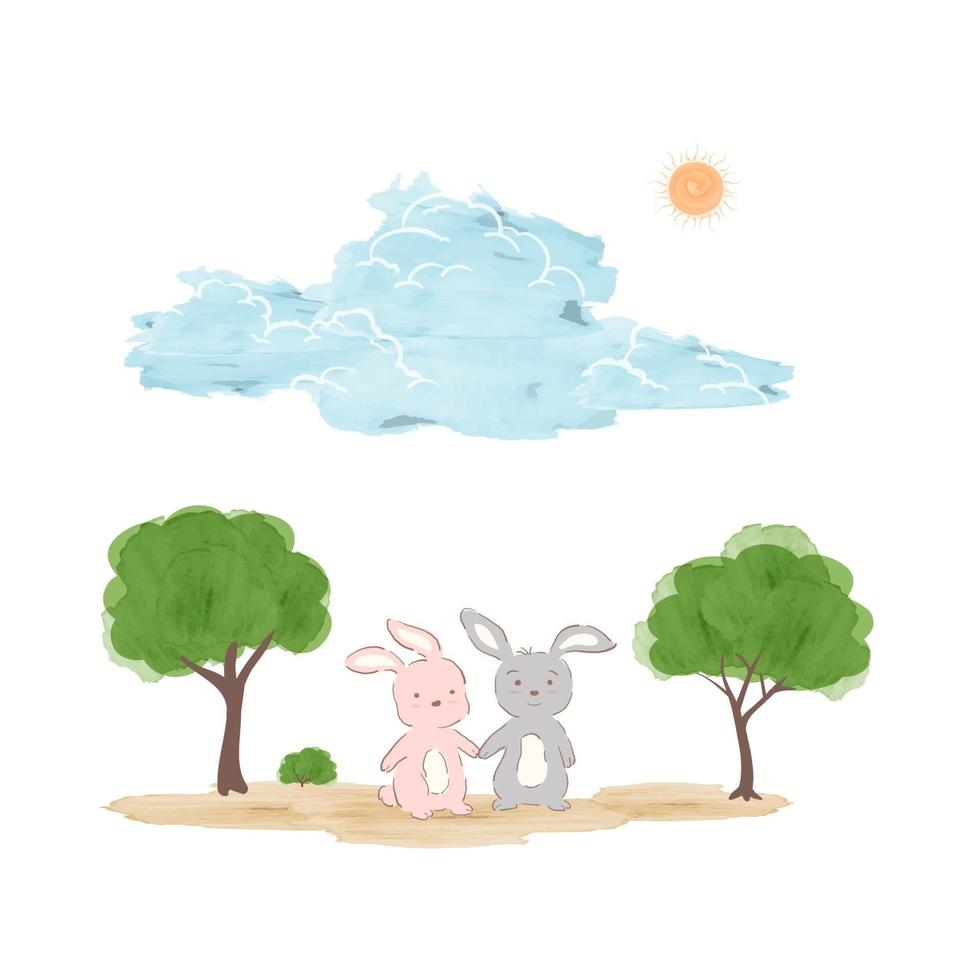 Springtime concept in watercolor technique, adorable rabbits on sunny day vector