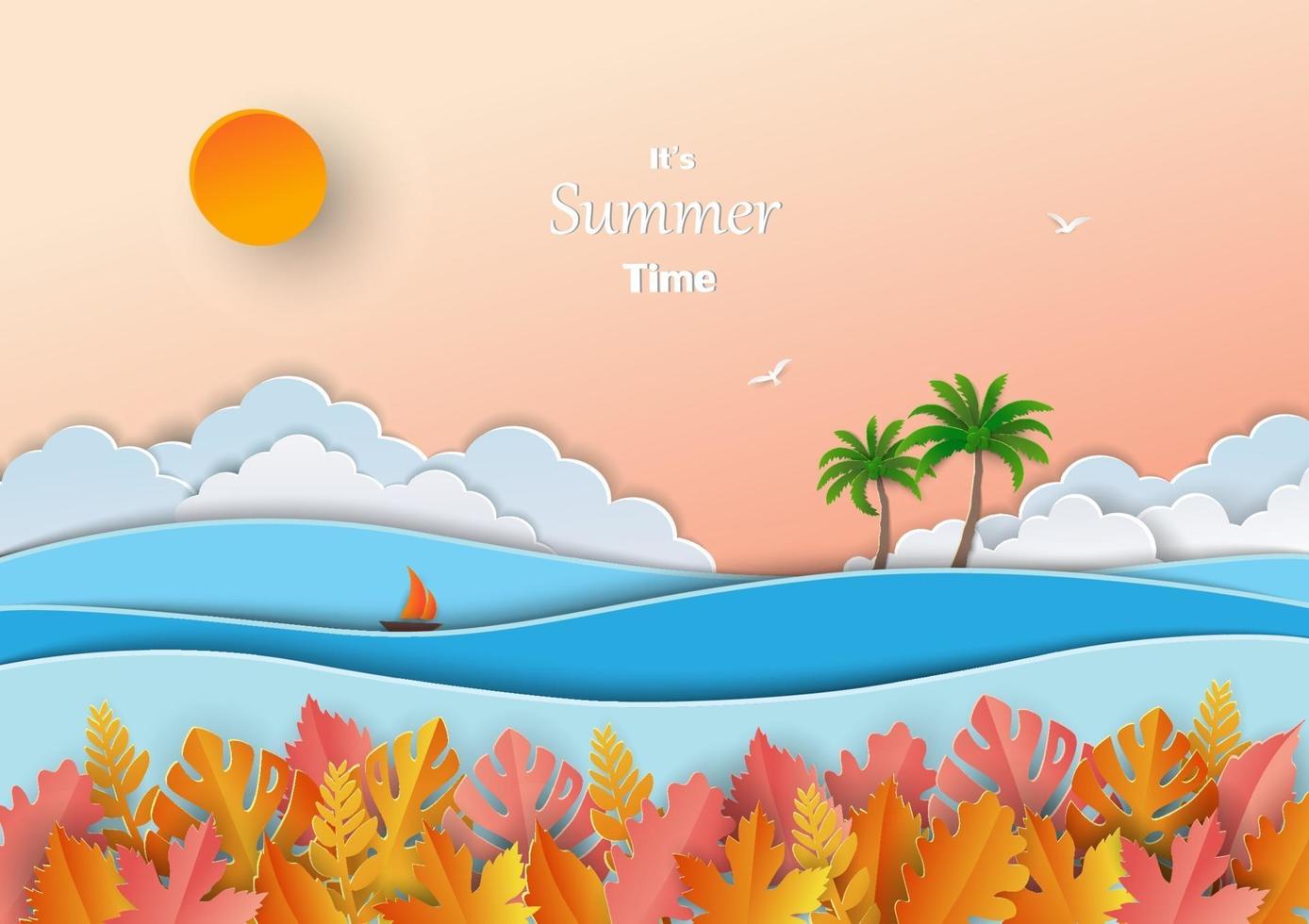 Concept of summer time, paper art design with tropical leaves, sea ocean, boat, coconut tree and sky vector