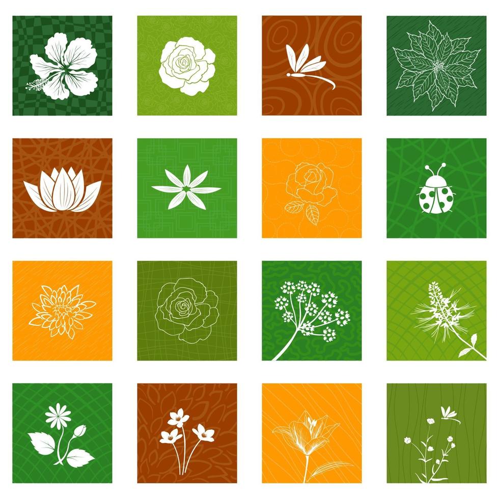 Conjunto de iconos de flores y hojas blancas aisladas sobre fondo diferente para diseño gráfico decorativo vector