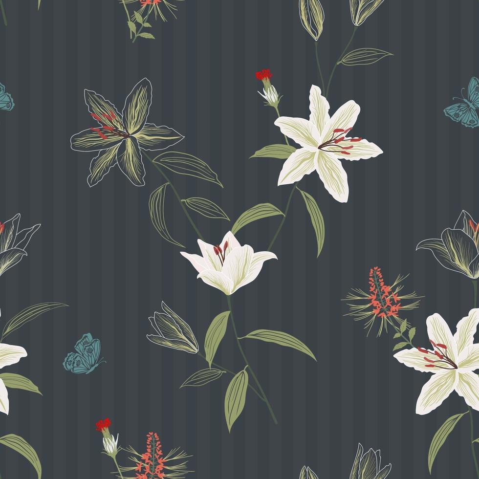 Hermosas flores de lirio dibujadas a mano de patrones sin fisuras sobre fondo oscuro, para decoración, tela, textil, impresión o papel tapiz vector