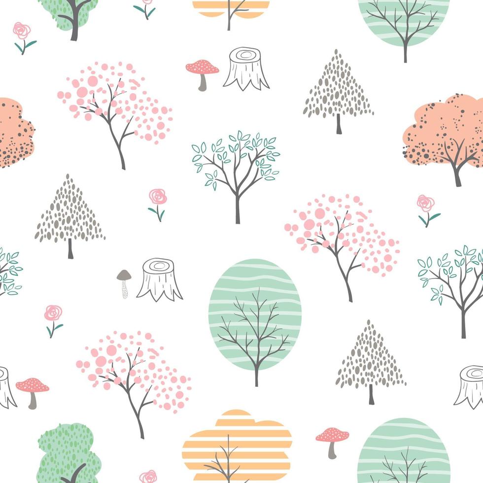 Cute colorful forest seamless pattern,hand drawn cartoon isolated on white background vector