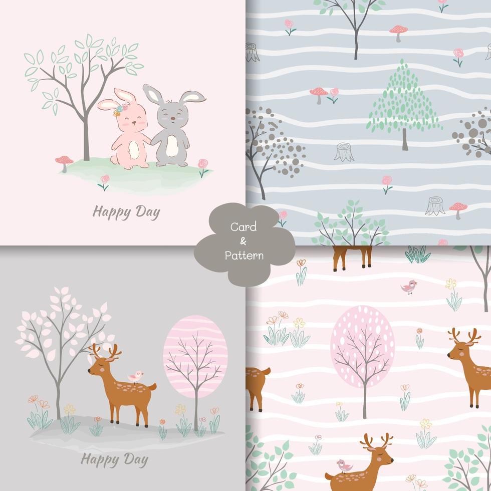 Cute baby rabbits with deer cartoon seamless pattern and card vector