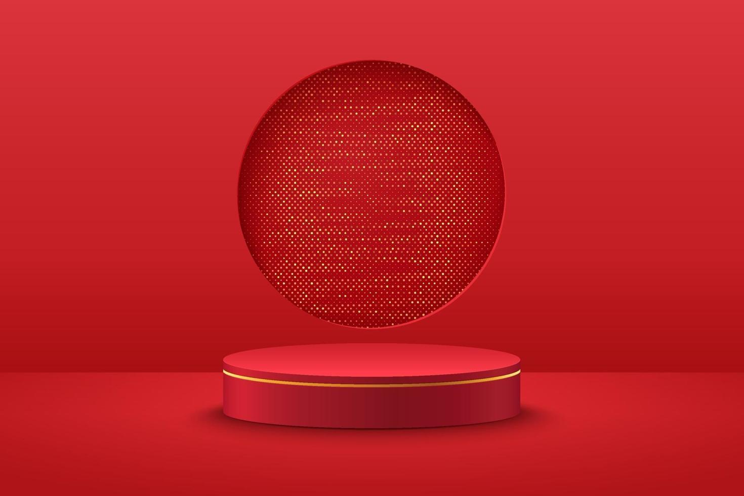 Abstract round display for product on website in modern. Background rendering with podium and minimal red curtain texture wall scene, 3d rendering geometric shape red and gold color. Oriental concept. vector